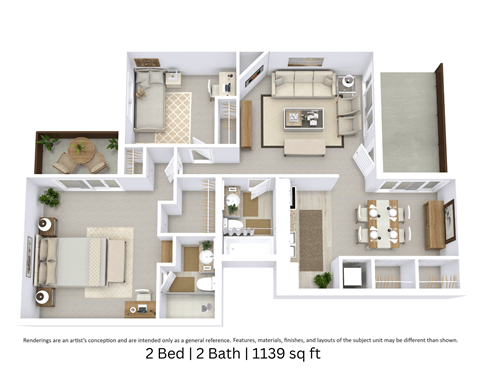 Floor plan for 2 beds, 2 baths, 1139 sqft